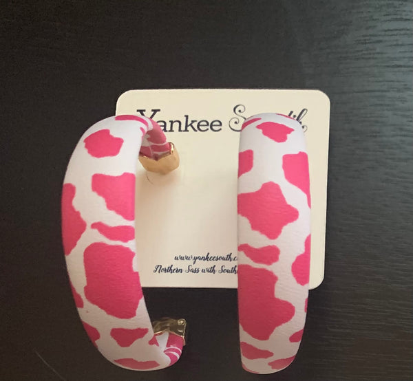 Pink Cow Print Leather Hoops